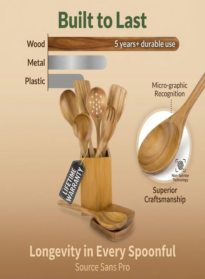 STORE INDYA 8 Piece Wooden Spoons for Cooking with Spoon Holder and Spoon Rest | Acacia wood Nontoxic Nonstick cookware compatible Wooden cooking utensils set | Lightweight & Durable - Image 3