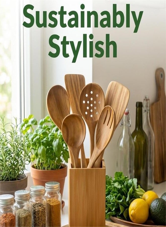 STORE INDYA 8 Piece Wooden Spoons for Cooking with Spoon Holder and Spoon Rest | Acacia wood Nontoxic Nonstick cookware compatible Wooden cooking utensils set | Lightweight & Durable - Image 5