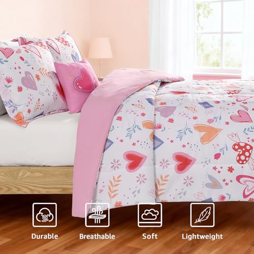 Wink Deer Twin Comforter Set for Girls-3 Pieces Heart Love Twin Bedding Sets for Kids,1 Comforter,1 Sham and 1 Decor Pillow - Image 3