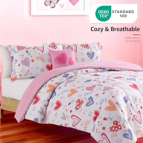 Wink Deer Twin Comforter Set for Girls-3 Pieces Heart Love Twin Bedding Sets for Kids,1 Comforter,1 Sham and 1 Decor Pillow - Image 2