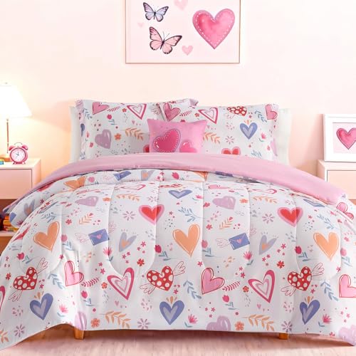 Wink Deer Twin Comforter Set for Girls-3 Pieces Heart Love Twin Bedding Sets for Kids,1 Comforter,1 Sham and 1 Decor Pillow - Image 1