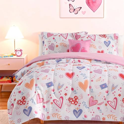 Wink Deer Twin Comforter Set for Girls-3 Pieces Heart Love Twin Bedding Sets for Kids,1 Comforter,1 Sham and 1 Decor Pillow - Image 4