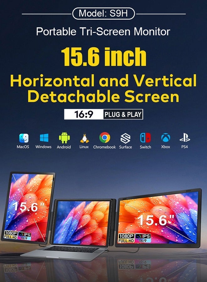 epicarma Portable Tri Screen Monitor 15.6 Inch 1080p IPS FHD Triple Laptop Screen Extender USB C Type C 360 Rotation Foldable Detachable Display for Windows Mac - Image 2