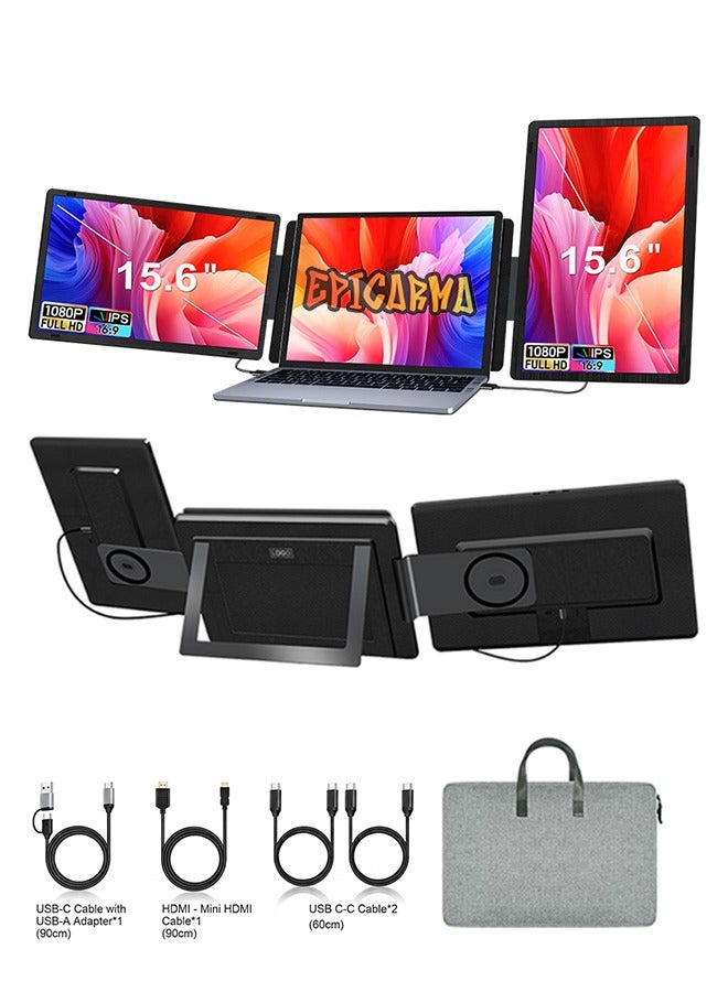 epicarma Portable Tri Screen Monitor 15.6 Inch 1080p IPS FHD Triple Laptop Screen Extender USB C Type C 360 Rotation Foldable Detachable Display for Windows Mac