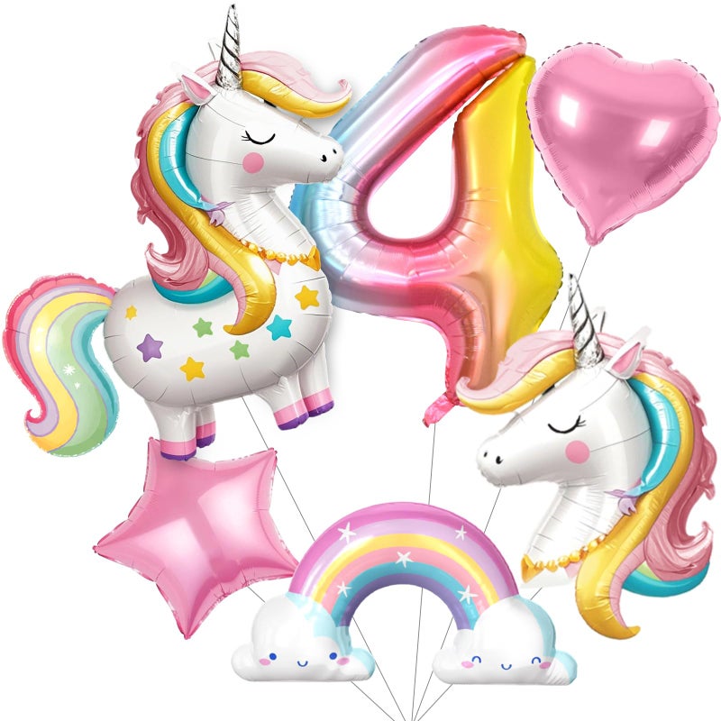 SNLN Unicorn 4th Birthday Party Decorations for Girls Large Self Standing 3D Unicorn Foil Balloons with Rainbow Heart Star Balloons Wedding Baby Shower Pink Party Supplies number 4 set - Image 3