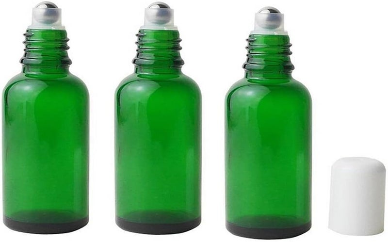 VASANA 3PCS 50ml Empty Refillable Green Glass Essential Oil Roll On Bottles Cosmetic Sample Packing Jars Pots with Metal Roller Ball And White Cap For Essential Oil Perfume