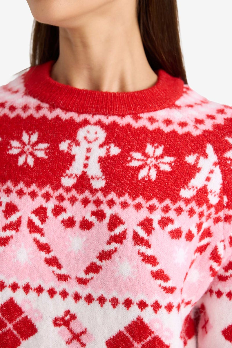 DeFacto Red Woman Christmas Themed Regular Fit Color Block Pullover Casual - Image 5