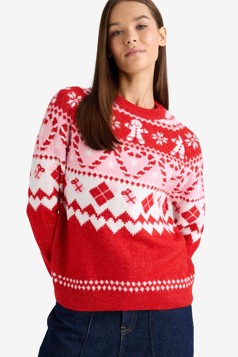 DeFacto Red Woman Christmas Themed Regular Fit Color Block Pullover Casual - Image 4