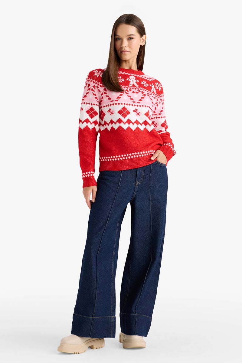 DeFacto Red Woman Christmas Themed Regular Fit Color Block Pullover Casual - Image 2