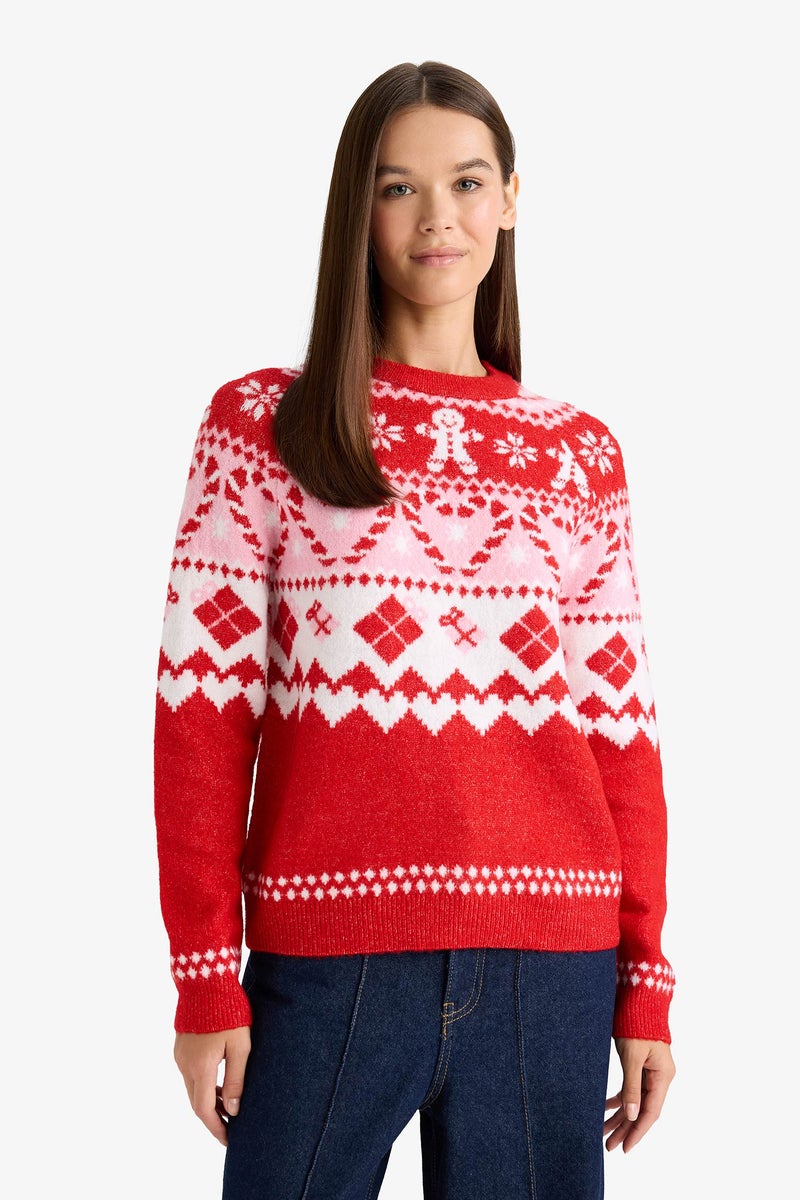 DeFacto Red Woman Christmas Themed Regular Fit Color Block Pullover Casual - Image 3