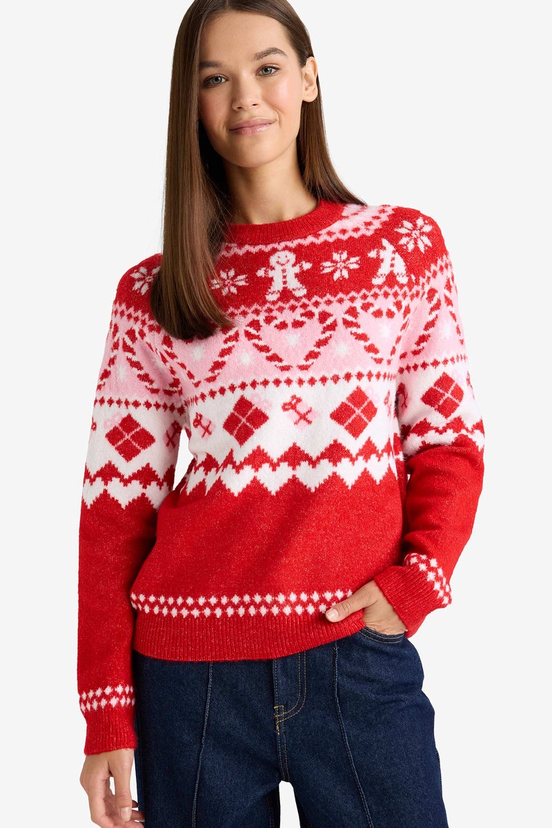 DeFacto Red Woman Christmas Themed Regular Fit Color Block Pullover Casual - Image 1