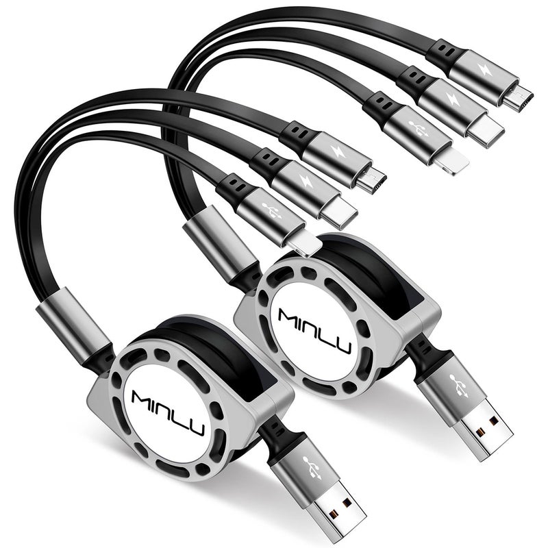 Minlu Multi Charging Cable 3A, [2Pack 4ft] Retractable Multi Charging Cord 3 in 1 Fast Charger Cord, USB C Charger Adapter with Lightning/Type C/Micro USB Ports for Cell Phones/iPhone/Samsung/PS/Tablets - Image 1
