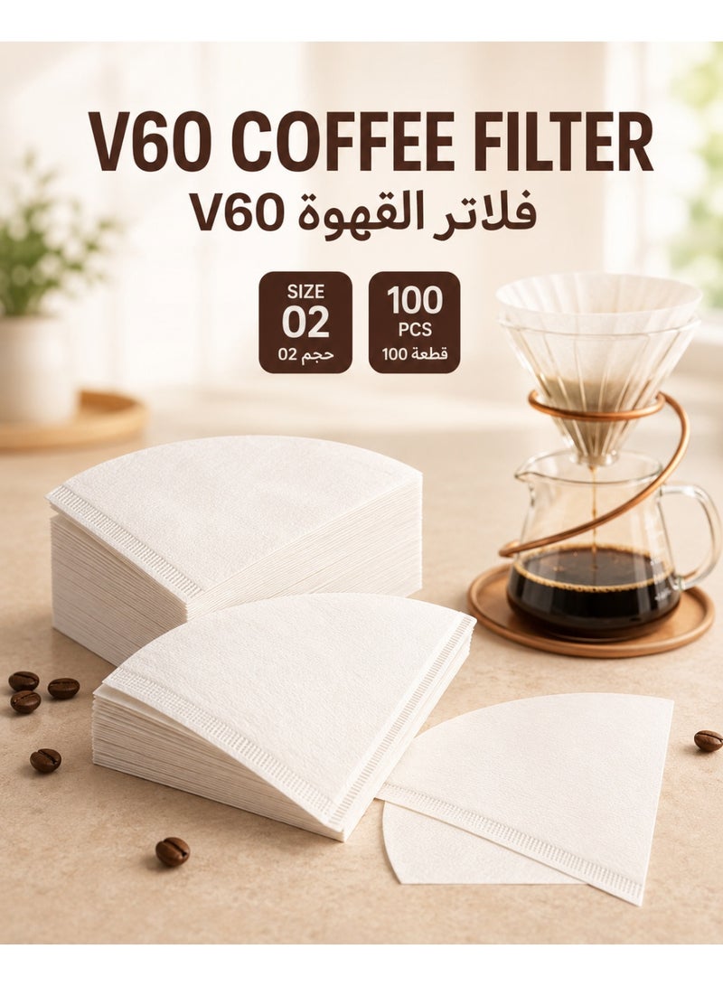 100 قطعة ورق فلتر قهوة V60 مقاس 02 أبيض عبوة إعادة تعبئة، فلاتر قهوة ورقية للاستعمال مرة واحدة للتقطير اليدوي وصانع القهوة، 1-4 أكواب - Image 1