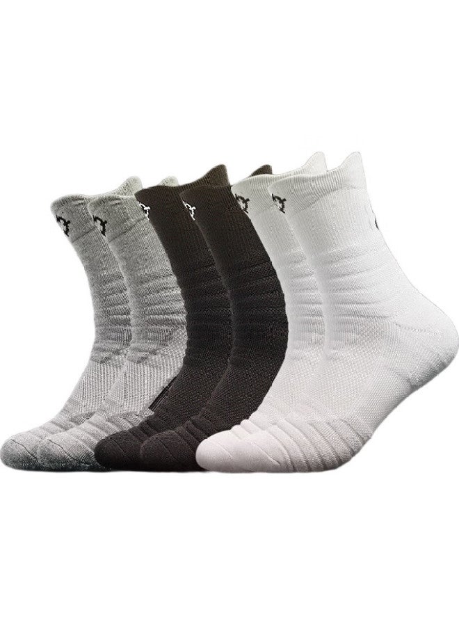 RIGORER  Professional-Grade Training 2 Basketball Socks With Thick Terry Bottom, Sweat-Absorbing And Shock-Absorbing, W-08 [3 Pairs] Black/White/Gray - Image 1