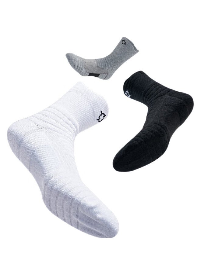 RIGORER  Professional-Grade Training 2 Basketball Socks With Thick Terry Bottom, Sweat-Absorbing And Shock-Absorbing, W-08 [3 Pairs] Black/White/Gray - Image 3