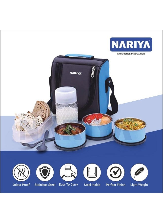 NARIYA Stainless Steel Lunch Box with Plastic Casserole 3 Stainless Steel Containers for Office Tiffin Box with Bottle and 1 Spoon and 1 Fork for College (1750Ml, Gray and Blue) - Image 2