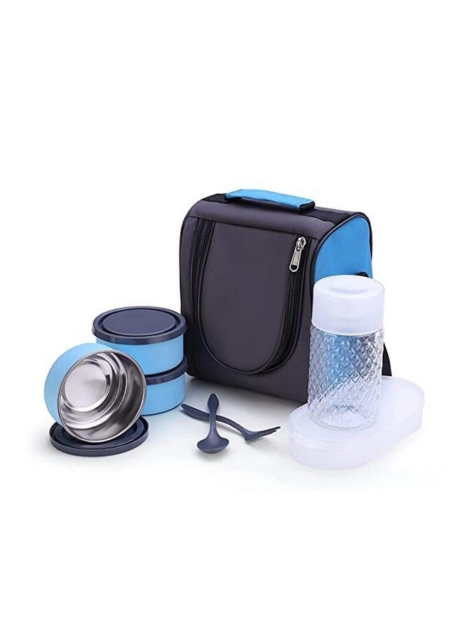 NARIYA Stainless Steel Lunch Box with Plastic Casserole 3 Stainless Steel Containers for Office Tiffin Box with Bottle and 1 Spoon and 1 Fork for College (1750Ml, Gray and Blue) - Image 1
