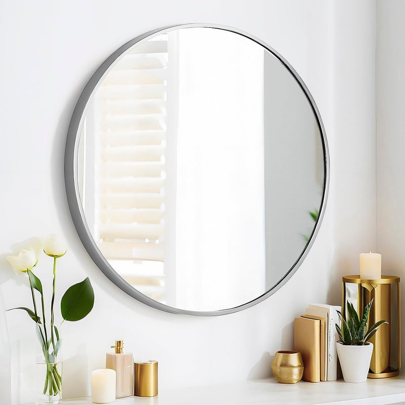 SCWFGZ 24 Round Mirror Circle Wall Mounted Hanging or Against Wall Metal Frame Dressing Makeup Mirrors for Entryway Bedroom Bathroom Living Room 24 inch Silver