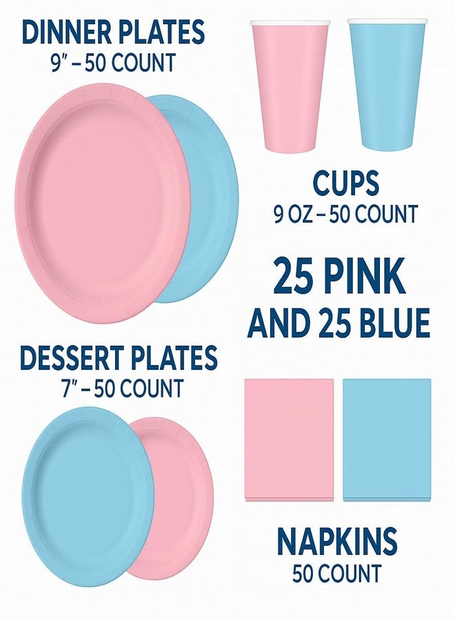 Oojami Gender Reveal Party Pack - Disposable Dinner Plates, Dessert Plates, Cups & Napkins - Pink & Blue, 50 Count - Image 2