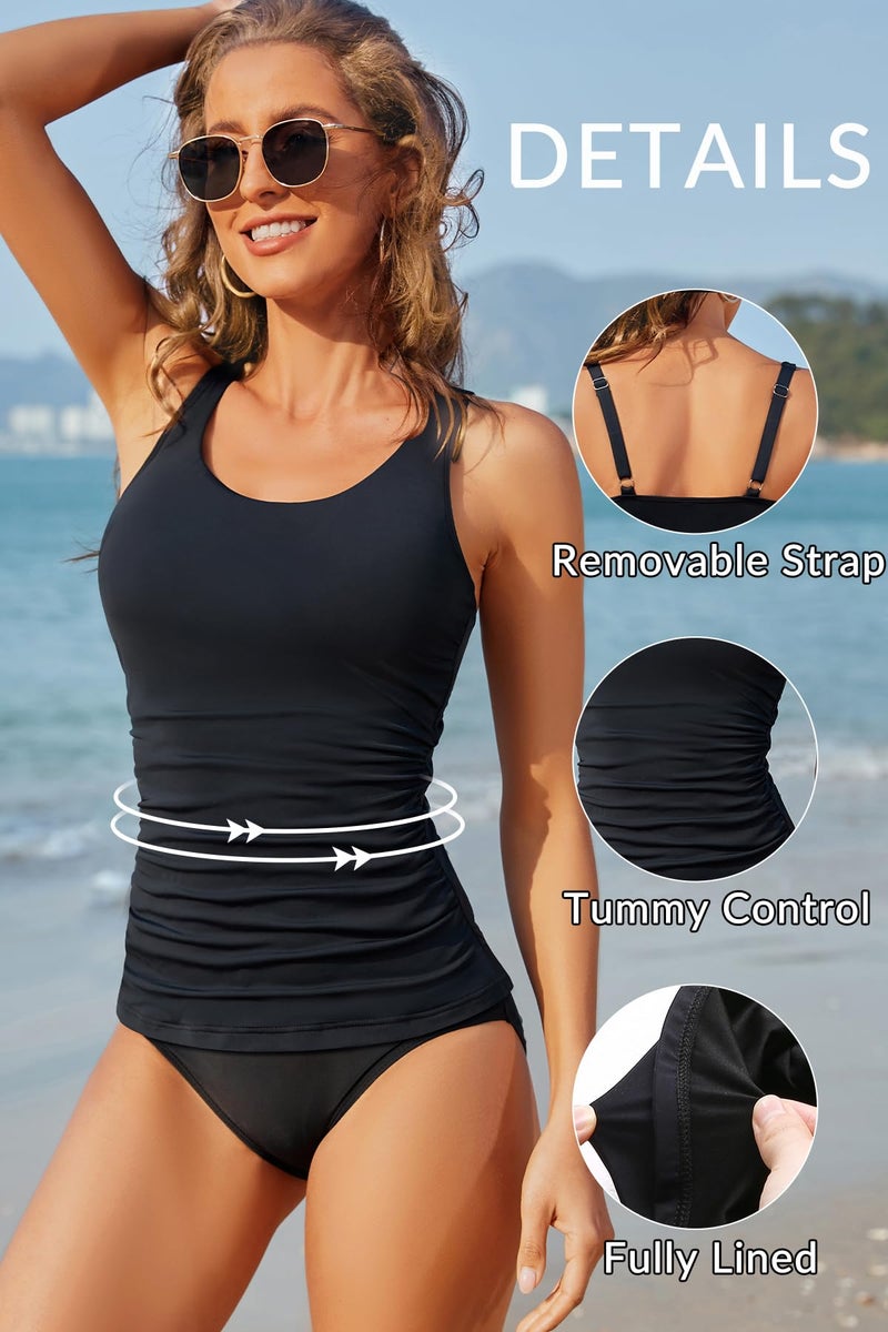Aqua Eve Womens Tankini Tops Only Tummy Control Swim Tank Top Modest Swimsuit Top Bathing Suit Top No Bottom Black XS - Image 4