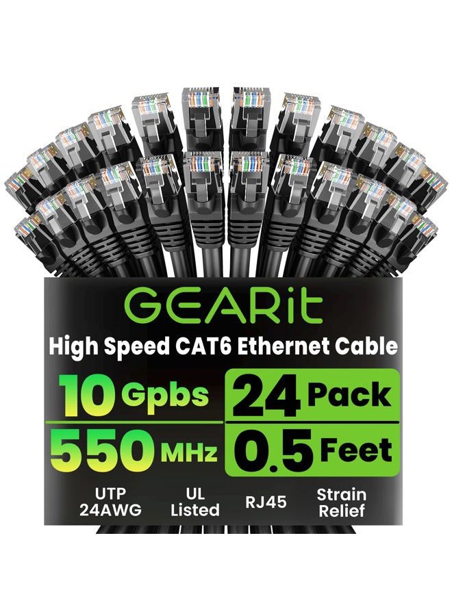 GearIT Cat 6 Ethernet Cable Pack - 24-Pack 0.5 ft Cat6 Ethernet Patch Cables | RJ45 Network Patch Cable, 10 Gbps Snagless Gold-Plated Connectors - Ethernet Cable Cat 6 for PC, TV, Router - Black - Image 1