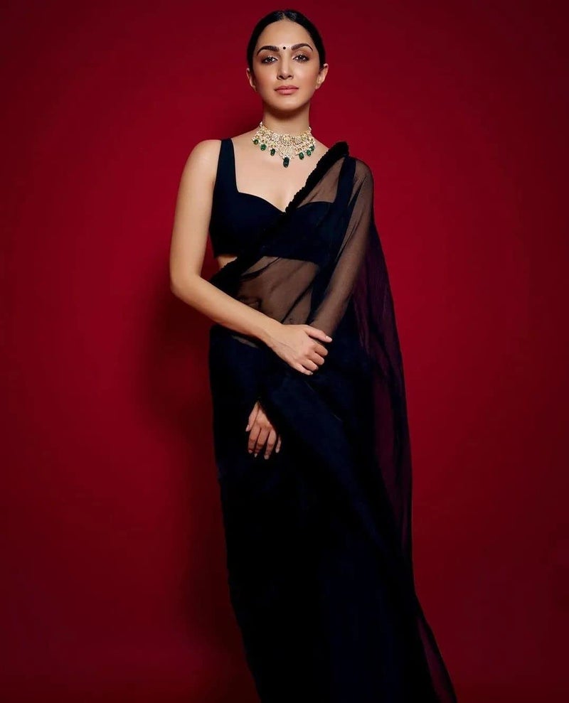 Sidhidata ساري جورجيت أسود عادي للنساء من سيديداتا مع قطعة بلوزة غير مخيطة - Image 3