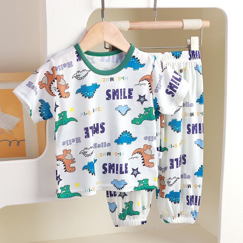 Children'S Home Clothes Style Boys And Girls Short-Sleeved Pants Pajamas Set Ice Silk Thin Baby Air-Conditioned Clothes - Image 3