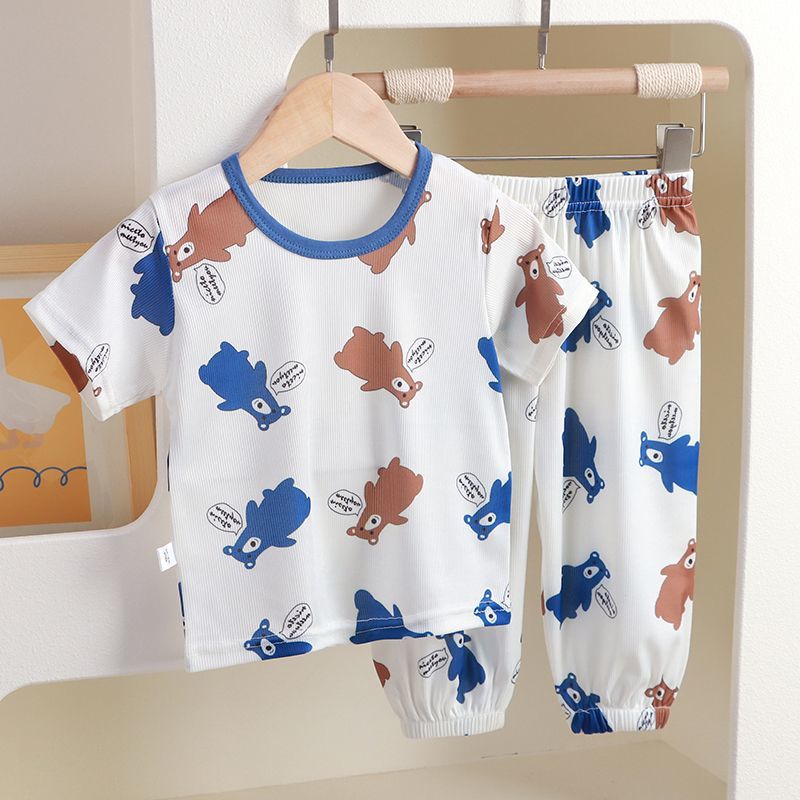 Children'S Home Clothes Style Boys And Girls Short-Sleeved Pants Pajamas Set Ice Silk Thin Baby Air-Conditioned Clothes - Image 1