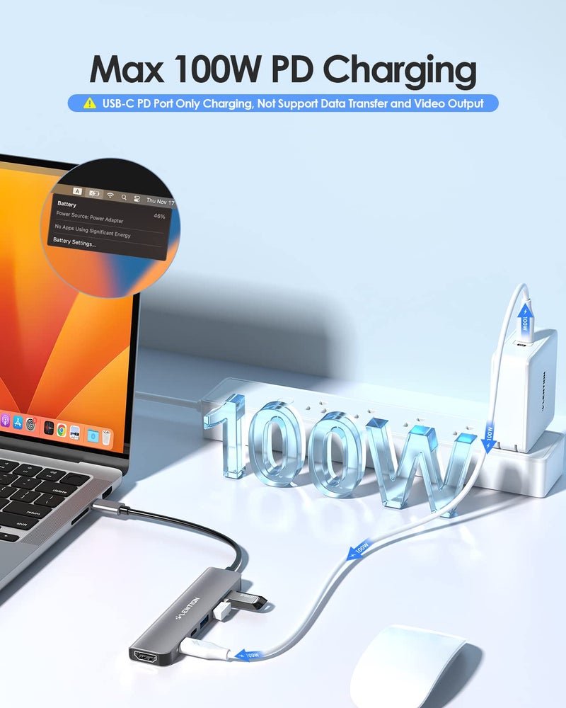 Lention محور LENTION USB C، متعدد المنافذ مع منفذ HDMI بدقة 4K، 3 منافذ USB-A، منفذ بيانات USB-C، منفذ PD بقوة 100 واط، متوافق مع MacBook Pro/Air الجديد، iPhone 17 Pro/Pro Max، Surface، Chromebook، والمزيد (CE35s، رمادي) - Image 5