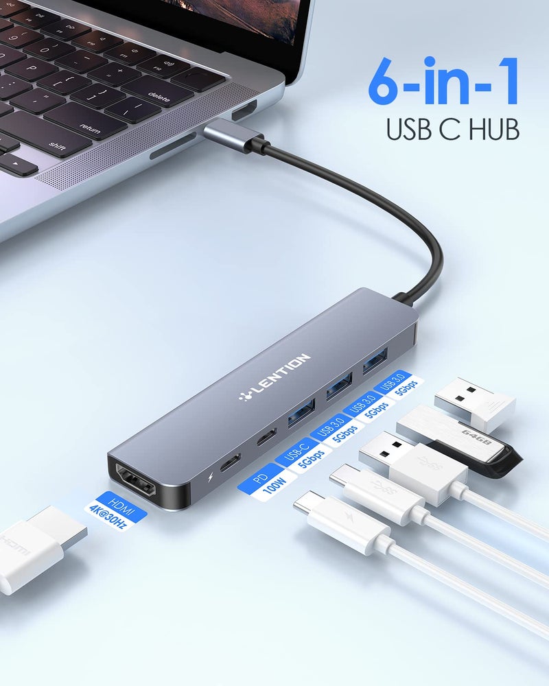 Lention محور LENTION USB C، متعدد المنافذ مع منفذ HDMI بدقة 4K، 3 منافذ USB-A، منفذ بيانات USB-C، منفذ PD بقوة 100 واط، متوافق مع MacBook Pro/Air الجديد، iPhone 17 Pro/Pro Max، Surface، Chromebook، والمزيد (CE35s، رمادي) - Image 2