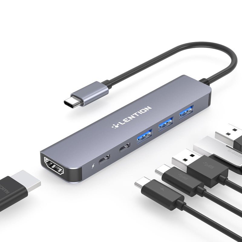 Lention محور LENTION USB C، متعدد المنافذ مع منفذ HDMI بدقة 4K، 3 منافذ USB-A، منفذ بيانات USB-C، منفذ PD بقوة 100 واط، متوافق مع MacBook Pro/Air الجديد، iPhone 17 Pro/Pro Max، Surface، Chromebook، والمزيد (CE35s، رمادي) - Image 1