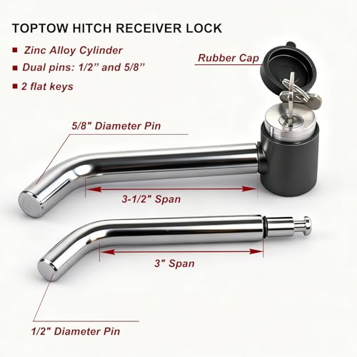 TOPTOW 63530 Trailer Hitch Receiver Lock, Right Angle Dual Pins 1/2" & 5/8" Diameter, Heavy Duty Bent Locking Pin, Chrome - Image 4