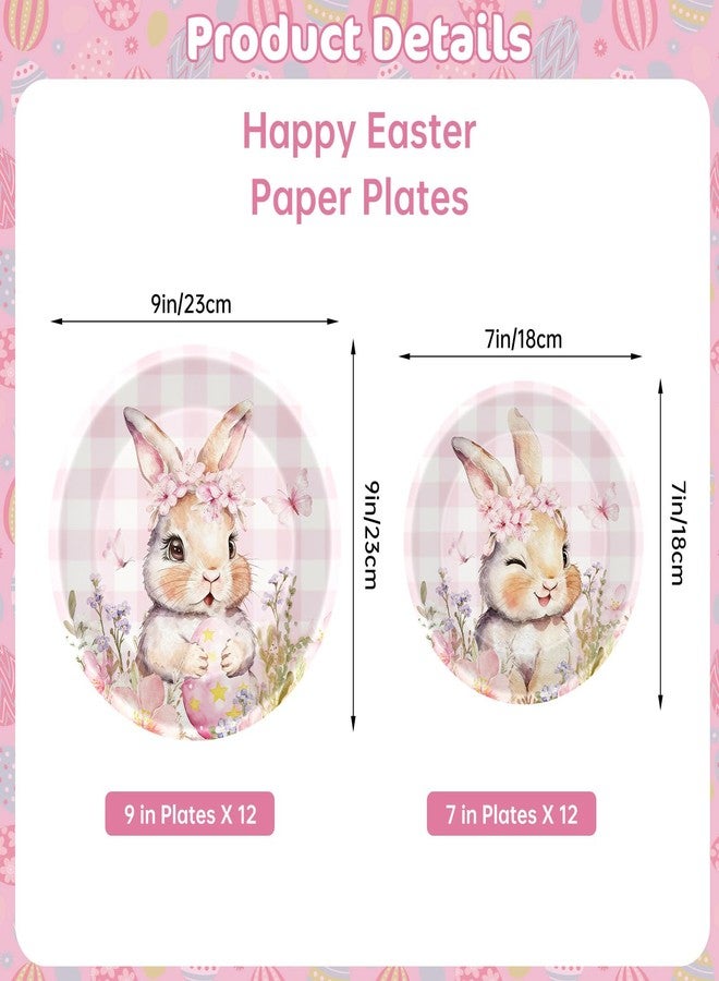 Litmitfu 24 Pcs Easter Plates - Spring Flowers Buffalo Plaid Easters Rabbit Paper Plate, Pink Cute Bunny Dinner Dessert Plates Disposable Round Tableware Set for Happy Easter Table Decorations Party Supplies - Image 3