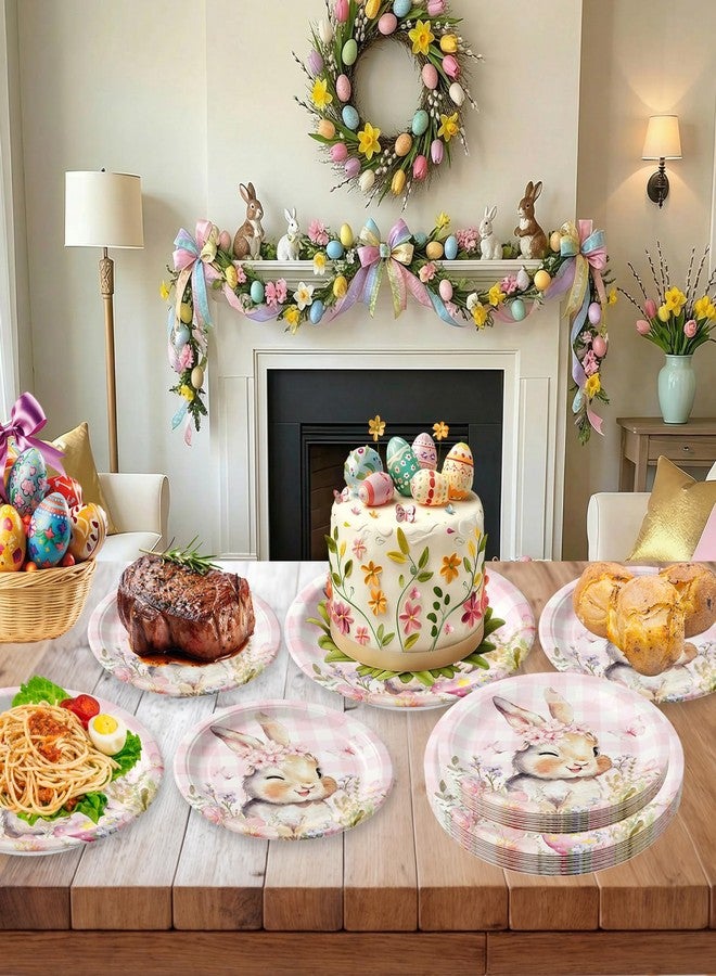 Litmitfu 24 Pcs Easter Plates - Spring Flowers Buffalo Plaid Easters Rabbit Paper Plate, Pink Cute Bunny Dinner Dessert Plates Disposable Round Tableware Set for Happy Easter Table Decorations Party Supplies - Image 2