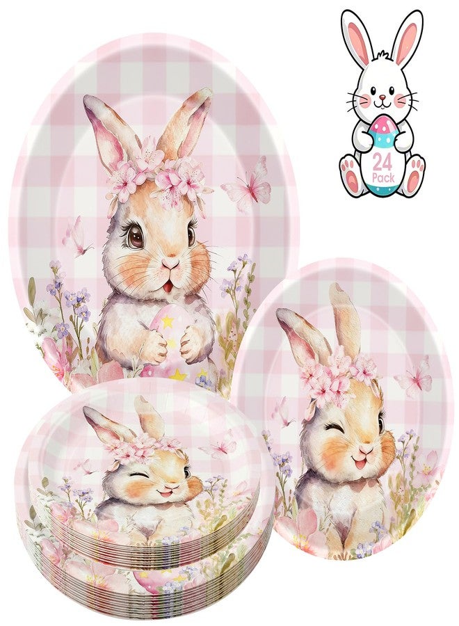 Litmitfu 24 Pcs Easter Plates - Spring Flowers Buffalo Plaid Easters Rabbit Paper Plate, Pink Cute Bunny Dinner Dessert Plates Disposable Round Tableware Set for Happy Easter Table Decorations Party Supplies - Image 1