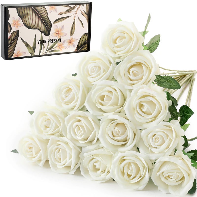 Cloudecor 15Pcs Pearl White Roses Artificial Flowers Fake Roses Long Stem Velet Rose Silk Flowers for Home Wedding Decoration Pearl RosesWhite