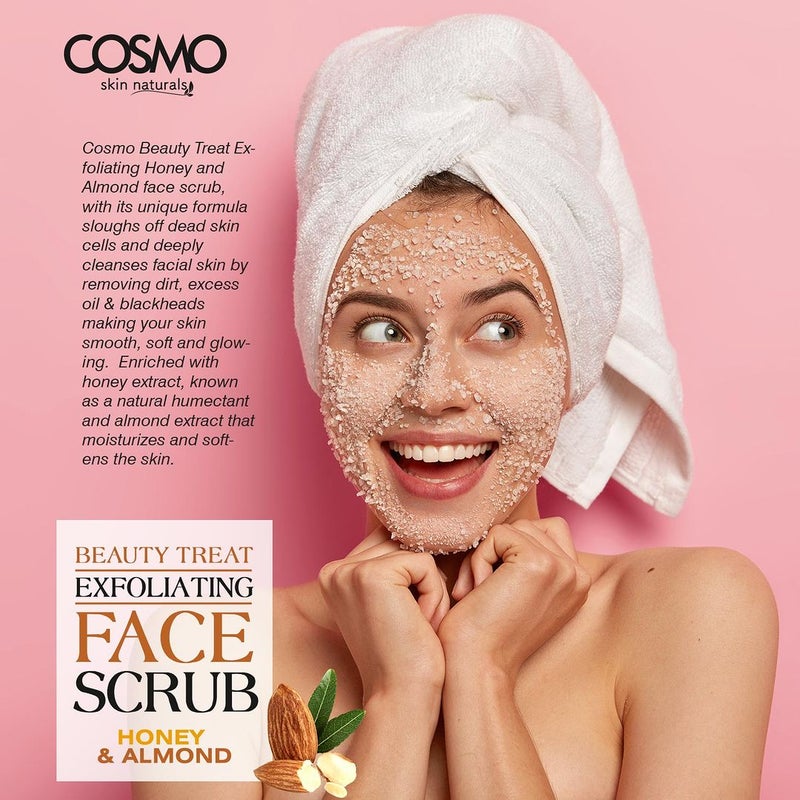 COSMO Honey & Almond Face Scrub, Natural Exfoliating Facial Scrub with Honey Extract & Crushed Almonds, Deep Cleansing & Moisturizing Formula for Soft, Glowing Skin – Gentle for All Skin Types, 170ml
