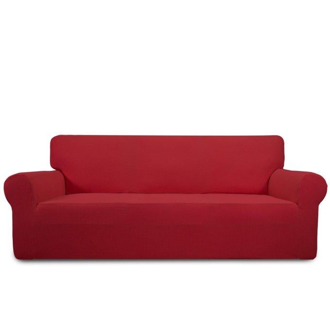 STRETCH SOFA SLIPCOVER SPANDEX JACQUARD NON SLIP SOFT COUCH SOFA COVER WASHABLE FURNITURE PROTECTOR WITH NON SKID FOAM AND ELASTIC BOTTOM FOR KIDS SOFA RED