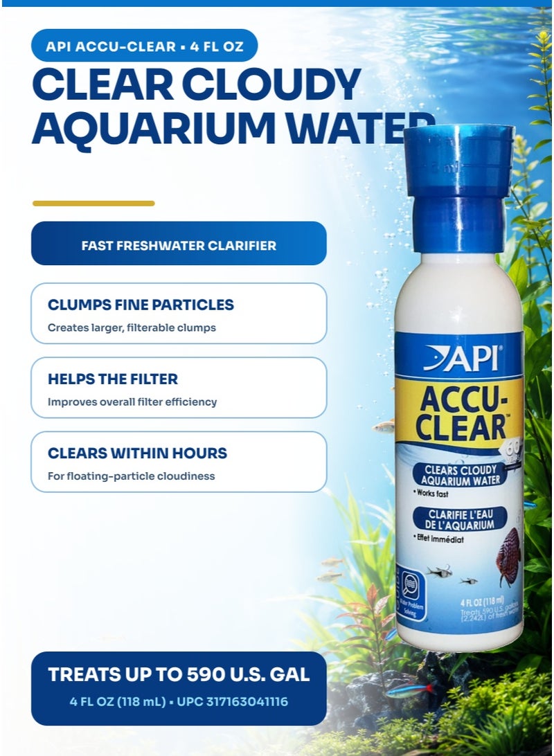ايه بي آي API Accu-Clear 4 أونصة منقي مياه حوض السمك، 118 مل علاج لخزان الأسماك للمياه العكرة والخضراء، 2 مل لكل 10 جالون، يصفي خلال ساعات، آمن للأسماك والنباتات، للمياه العذبة - Image 1