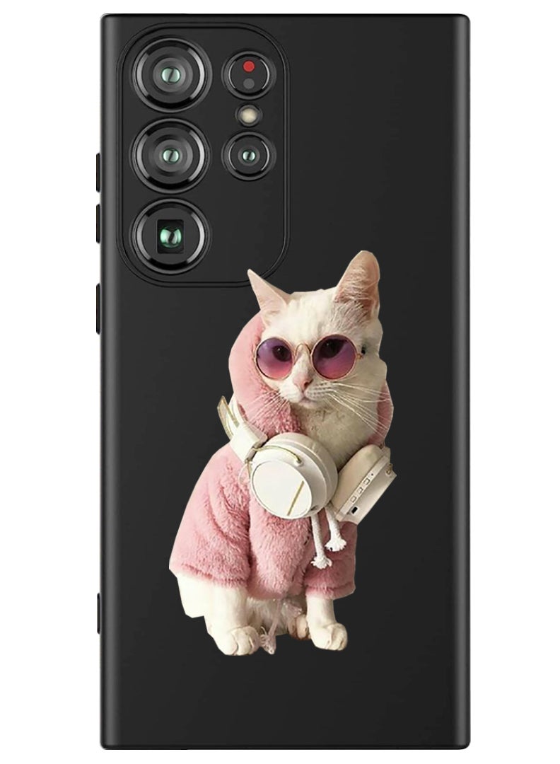 Theodor Protective Slim Fit Case Liquid Silicone Cover with Full Body Protection Anti-Scratch Shockproof Case For Samsung Galaxy S24 Ultra (Black) - White Cat - Image 1