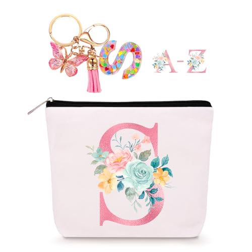 Lingdeer Personalized Makeup Bag with Initial Keychain, Custom Initial Monogram Small Travel Cosmetic Toiletry Bag, Birthday Gifts for Women Bridesmaid Teacher (S) - Image 1