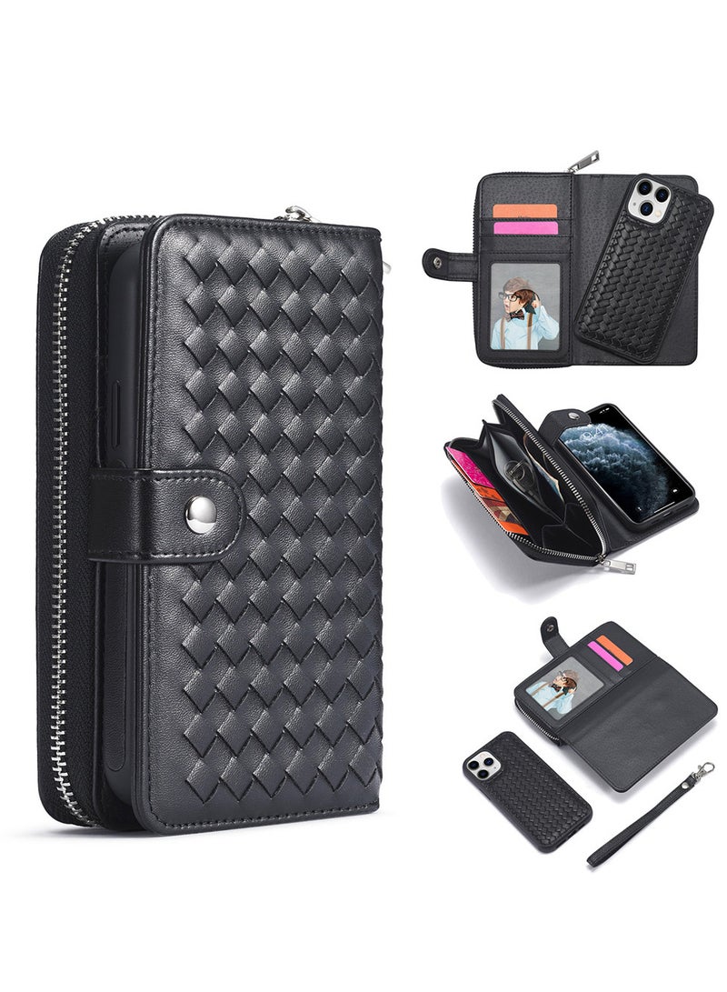 CATANES (for iPhone 12 Mini) Wallet Case Leather Cover, ID Credit Holder Folio Flip Wallet case with Embroidery Unique Design / Black - Image 1