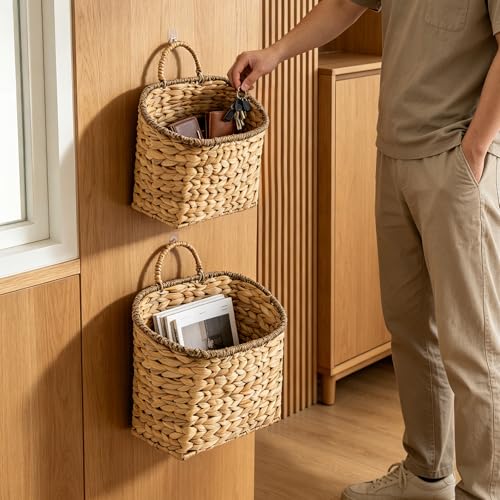 Quincry Set of 2 Woven Hanging Basket, Water Hyacinth Handmade Wicke Hanging Wall Baskets for Organizing, Front Door, Mail, Flowers-for Garden Farmhouse Home - Image 4