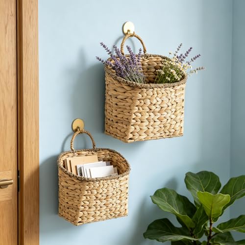 Quincry Set of 2 Woven Hanging Basket, Water Hyacinth Handmade Wicke Hanging Wall Baskets for Organizing, Front Door, Mail, Flowers-for Garden Farmhouse Home - Image 2