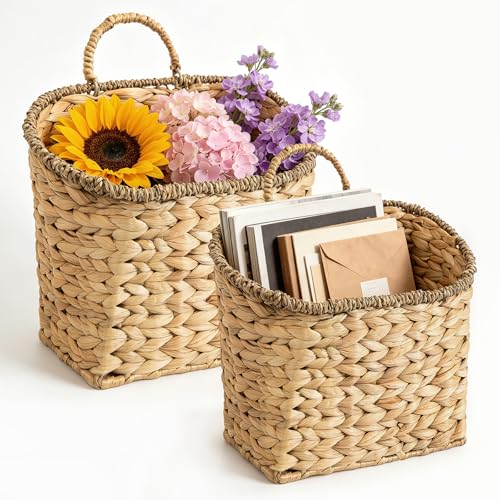 Quincry Set of 2 Woven Hanging Basket, Water Hyacinth Handmade Wicke Hanging Wall Baskets for Organizing, Front Door, Mail, Flowers-for Garden Farmhouse Home - Image 1