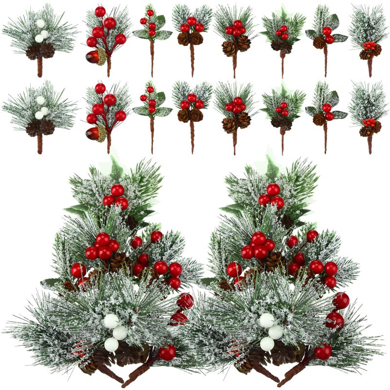 Panelee Red Berry Stems Pine Branches Artificial Christmas Picks Floral Pine Cones Faux Stems Spray Christmas Tree Picks Artificial BranchesLovely48 Pcs 