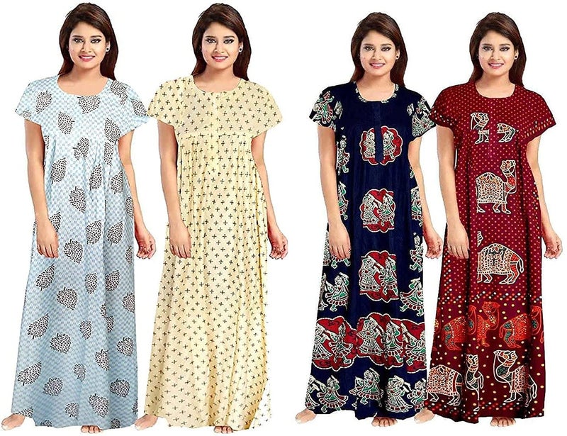 NEGLIGEE Women's Cotton Printed Maxi Nightgown Nighty for Women Ankle Length Night Dress - Pack of 4 (Free Size, Multicolor, Option 10) - Image 1