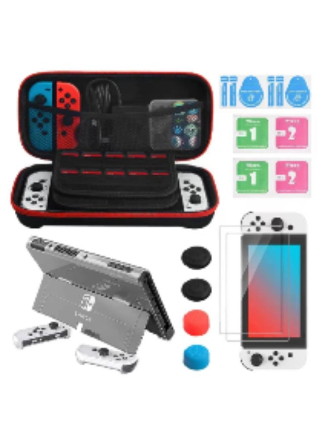 All-in-One Nintendo Switch OLED Accessory Set Shockproof Travel Storage Case Full Protection Screen Film Shell Adjustable Game Holder Silicone Joystick Caps Charging Wire - Image 1
