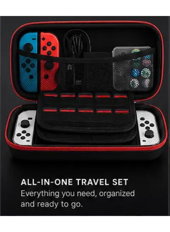 All-in-One Nintendo Switch OLED Accessory Set Shockproof Travel Storage Case Full Protection Screen Film Shell Adjustable Game Holder Silicone Joystick Caps Charging Wire - Image 2