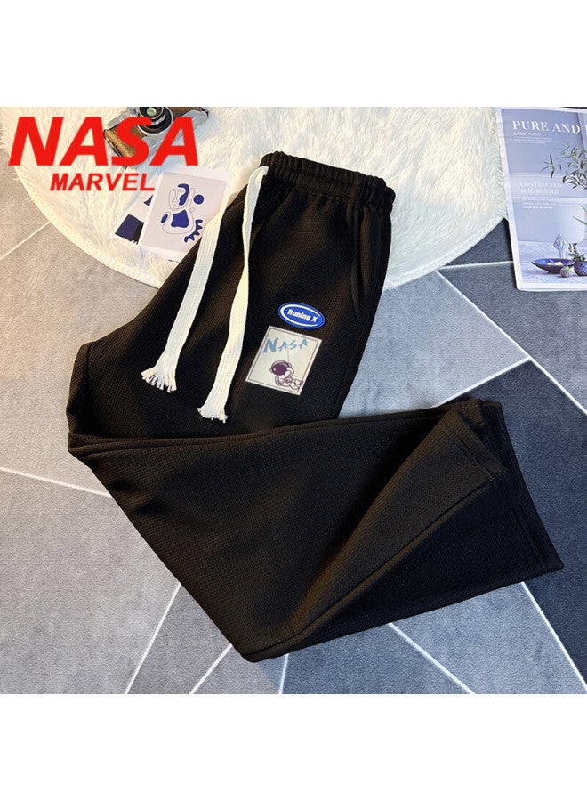 Nasa Marvel Casual Pants For Men, Spring And Autumn Trousers, Waffle Texture Straight-leg Wide-leg Loose-fitting Draping Sports Pants, Black, XL - Image 1